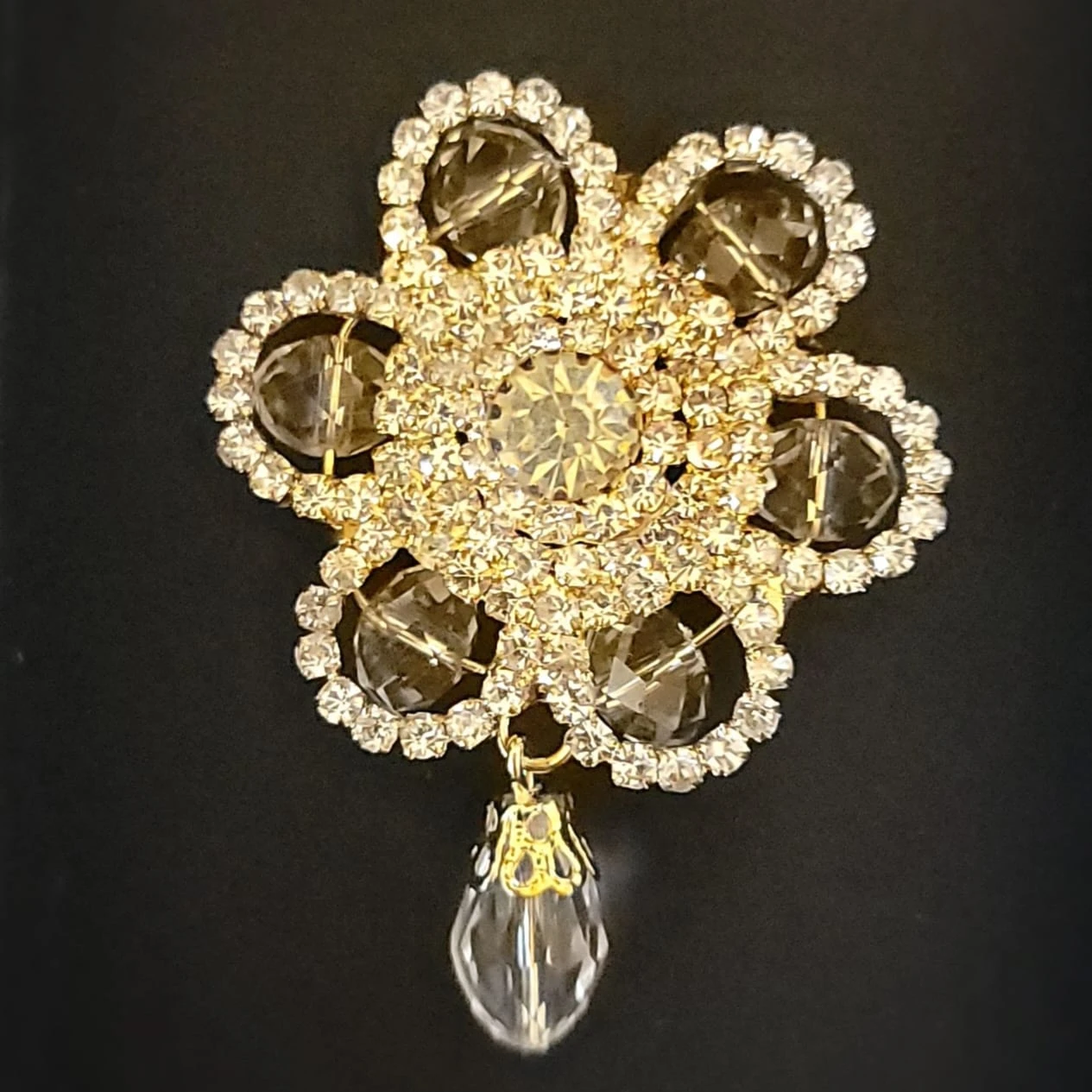 Gold Flower Brooch with Crystals