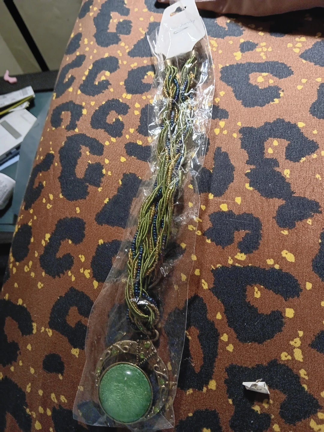 Green Stone Pendant Necklace with Beaded Chain