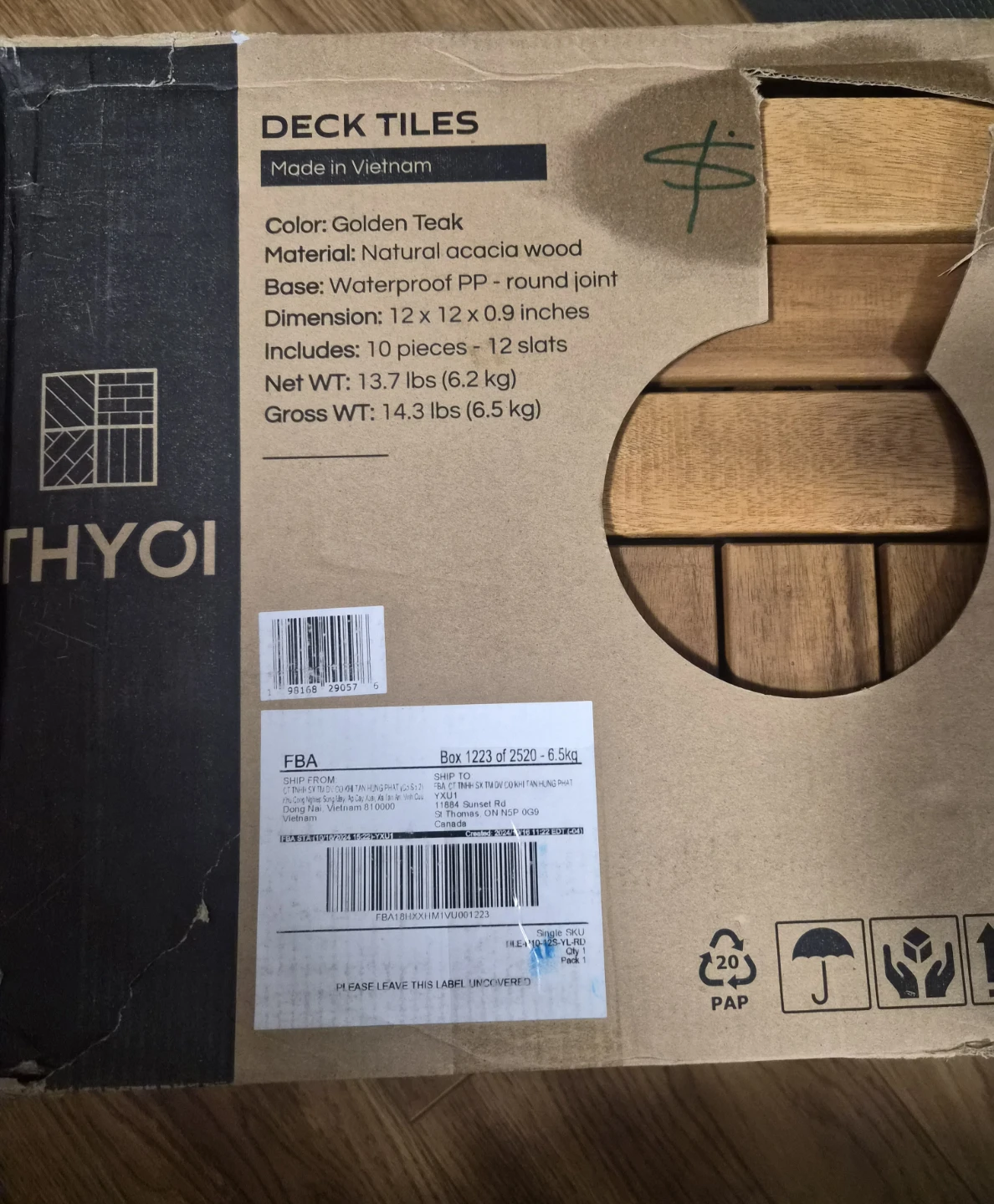 Pack of 10 Golden Teak Acacia Wood Deck Tiles - 12x12 Inch - photo 2
