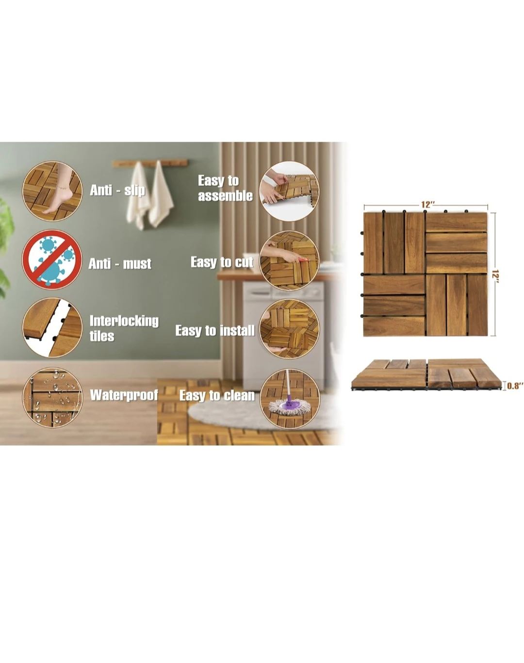 Pack of 10 Golden Teak Acacia Wood Deck Tiles - 12x12 Inch - photo 3