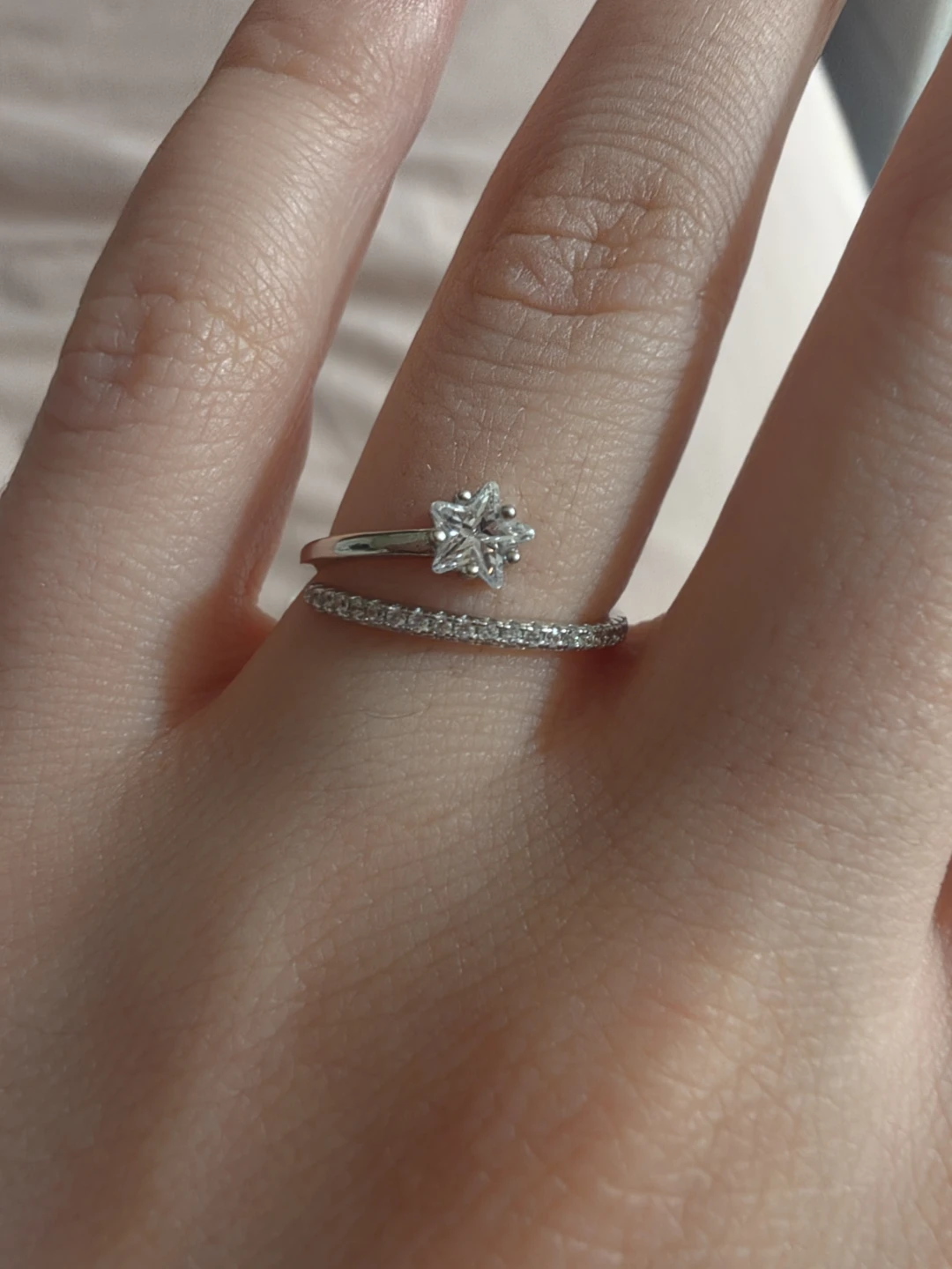 Silver-tone Ring with Star-shaped Gemstone and Pave Band - photo 2