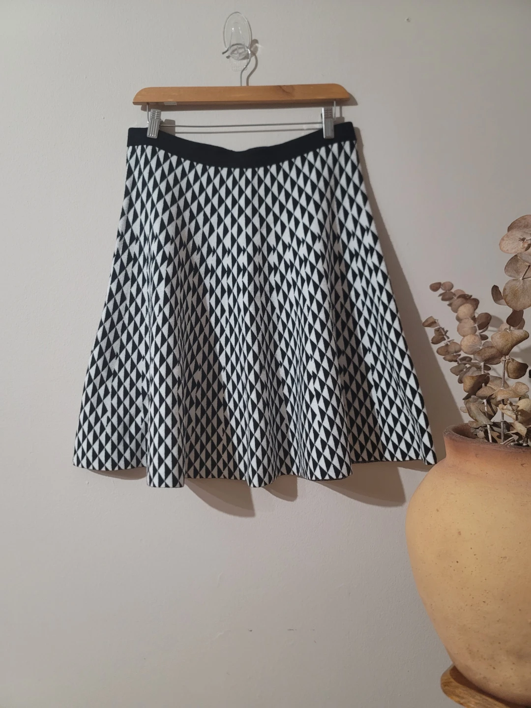 Carmen Marc Valvo Black and White Diamond Knit Skater Skirt Sz L