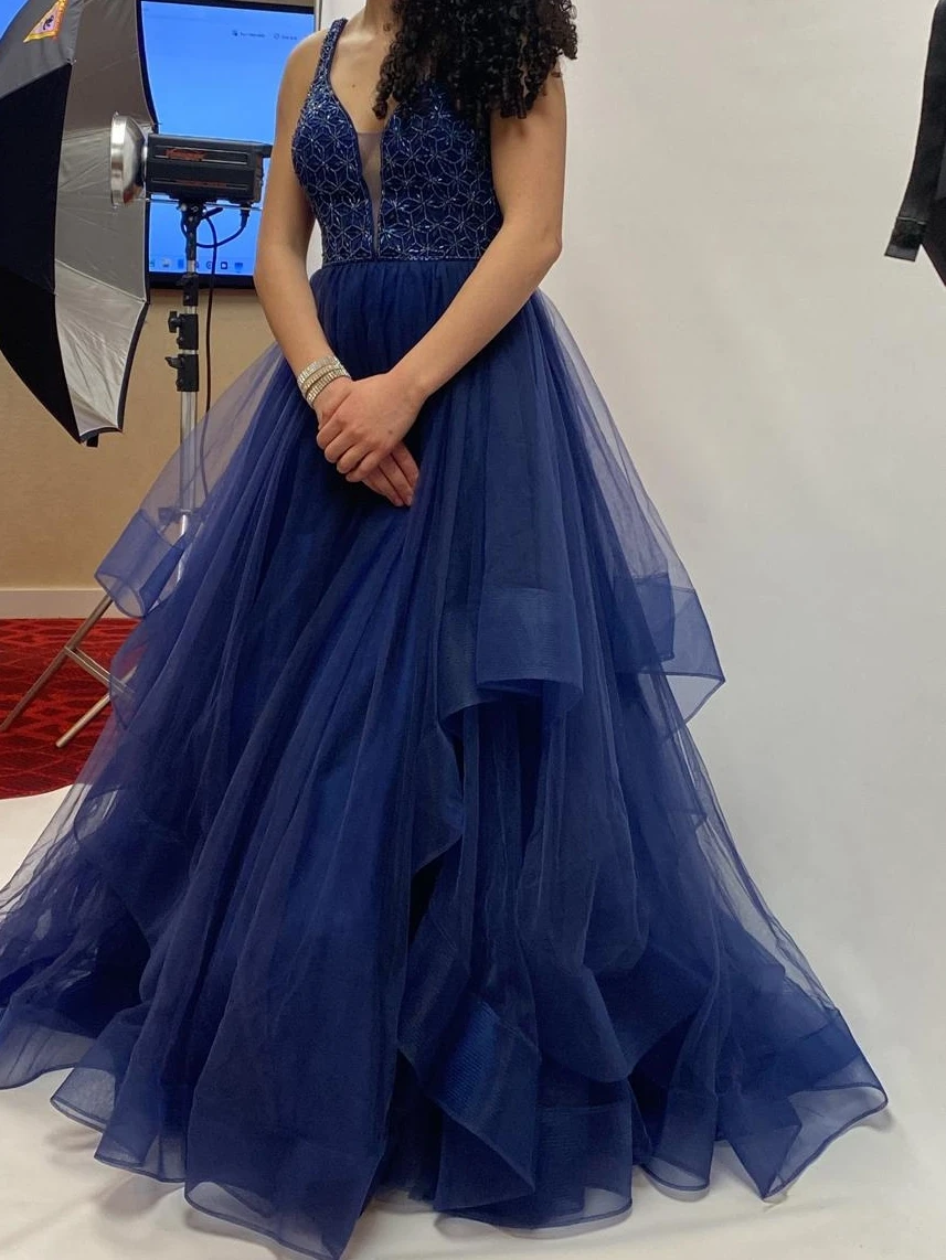 Navy Blue Beaded prom Tulle Gown