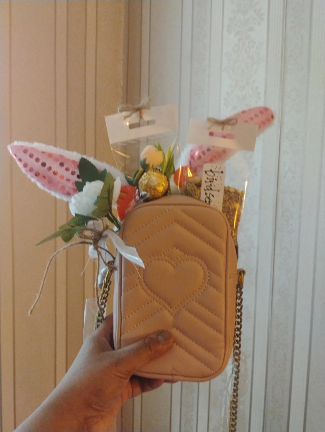 Handbag with Cute Easter Spring Goodies + FruFru Decor