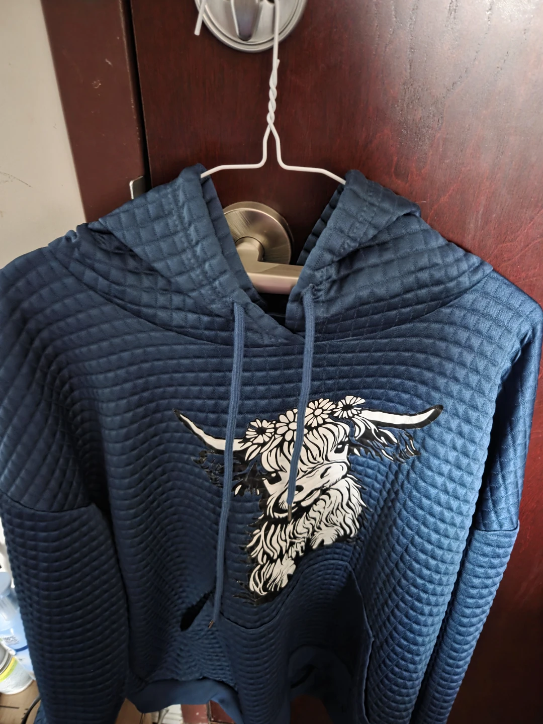 Blue Quilted Hoodie with Highland Cow Graphic - XXL