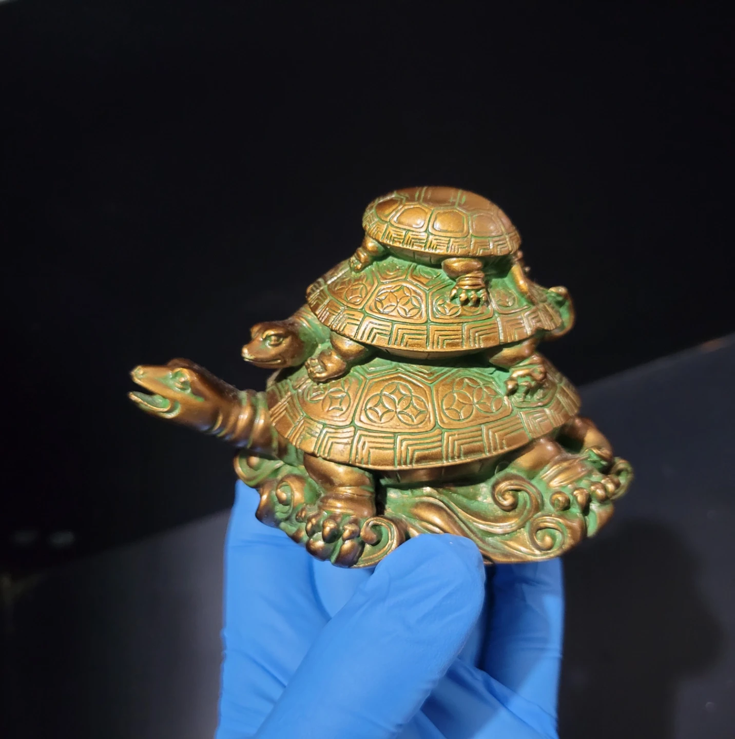 Vintage Feng Shui Triple Tortoise Statue - Bronze Patina (As-Is)