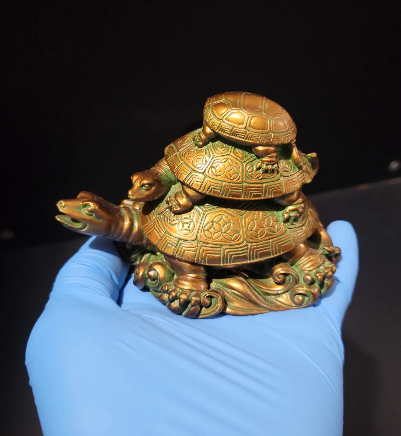 Vintage Feng Shui Triple Tortoise Statue - Bronze Patina (As-Is) - photo 2
