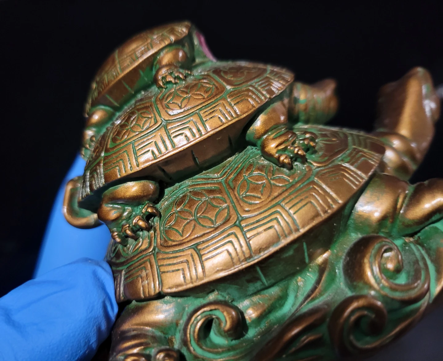 Vintage Feng Shui Triple Tortoise Statue - Bronze Patina (As-Is) - photo 5
