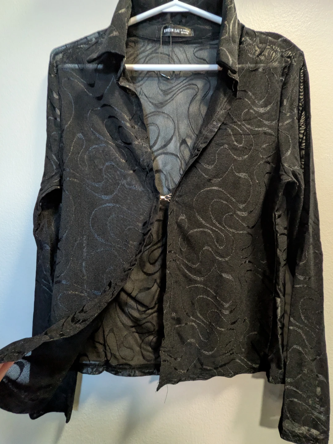 SHEIN BAE Black Sheer Burnout Button-Up Shirt