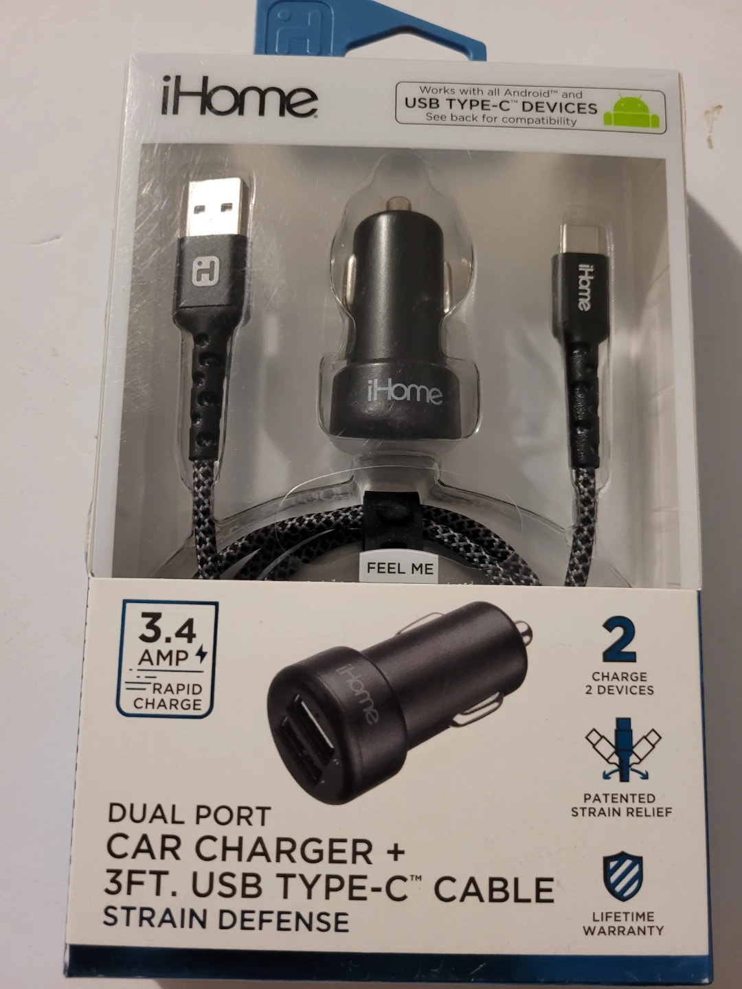 iHome Dual Port Car Charger + 3ft USB Type-C Cable