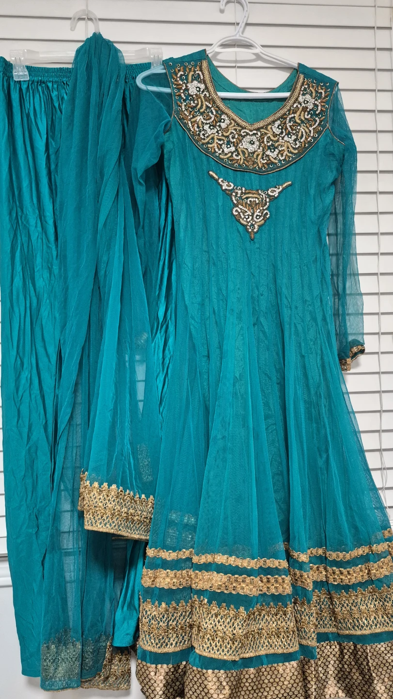 Teal Embroidered Anarkali Suit with Pants and Dupatta - photo 4
