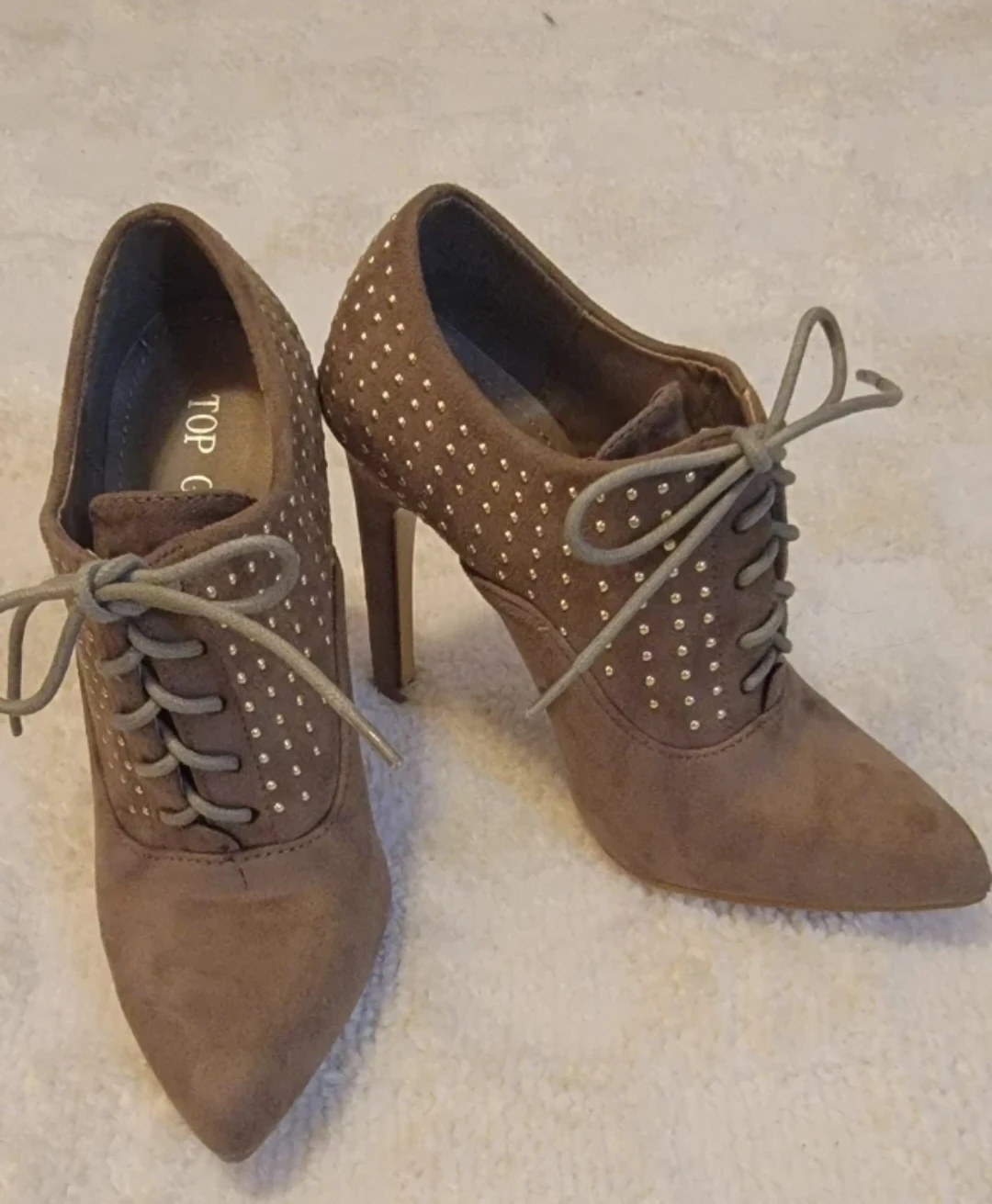 TOP G Women's Taupe Studded Lace-Up Ankle Boots