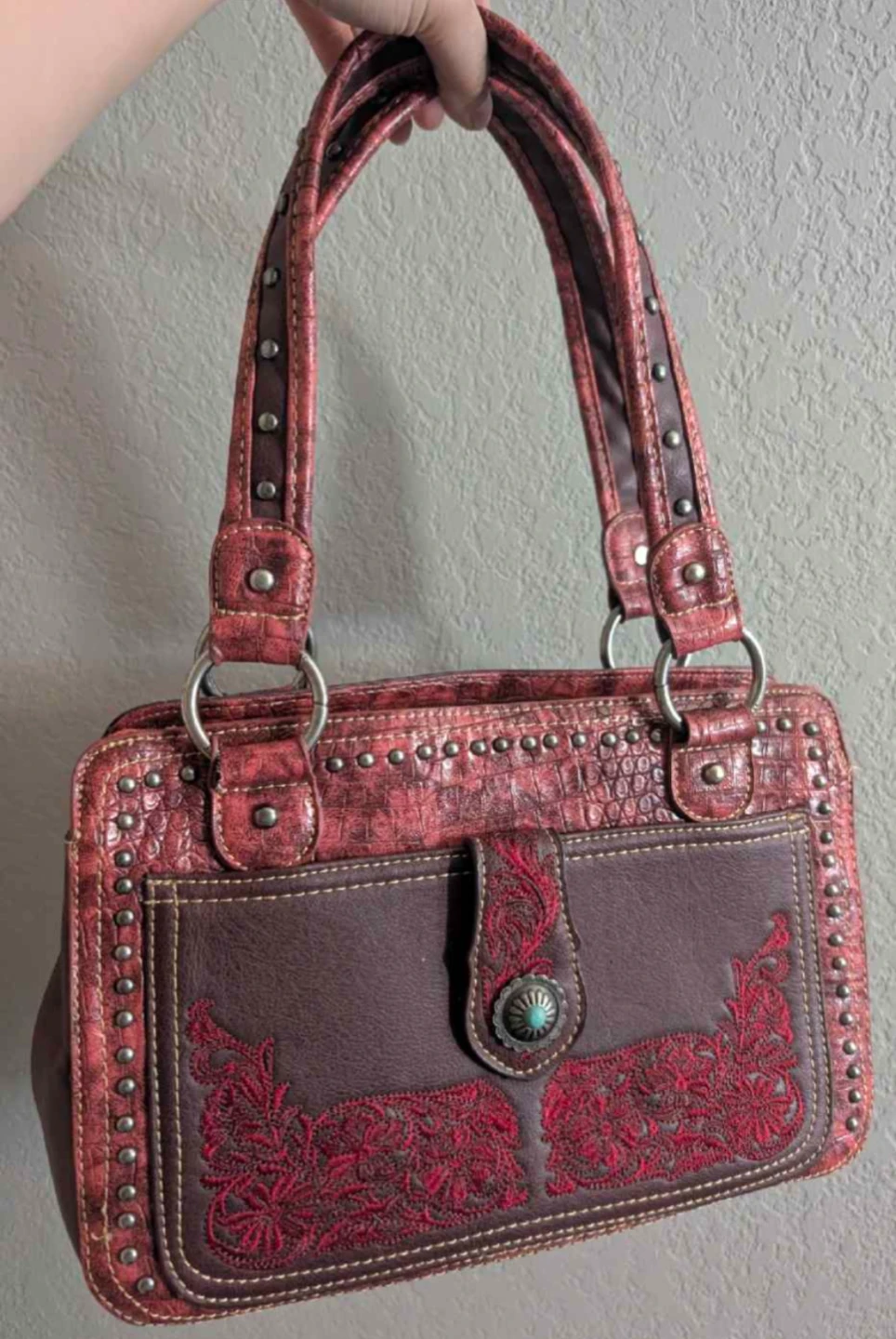 Montana West Red & Brown Faux Leather Studded Satchel Handbag