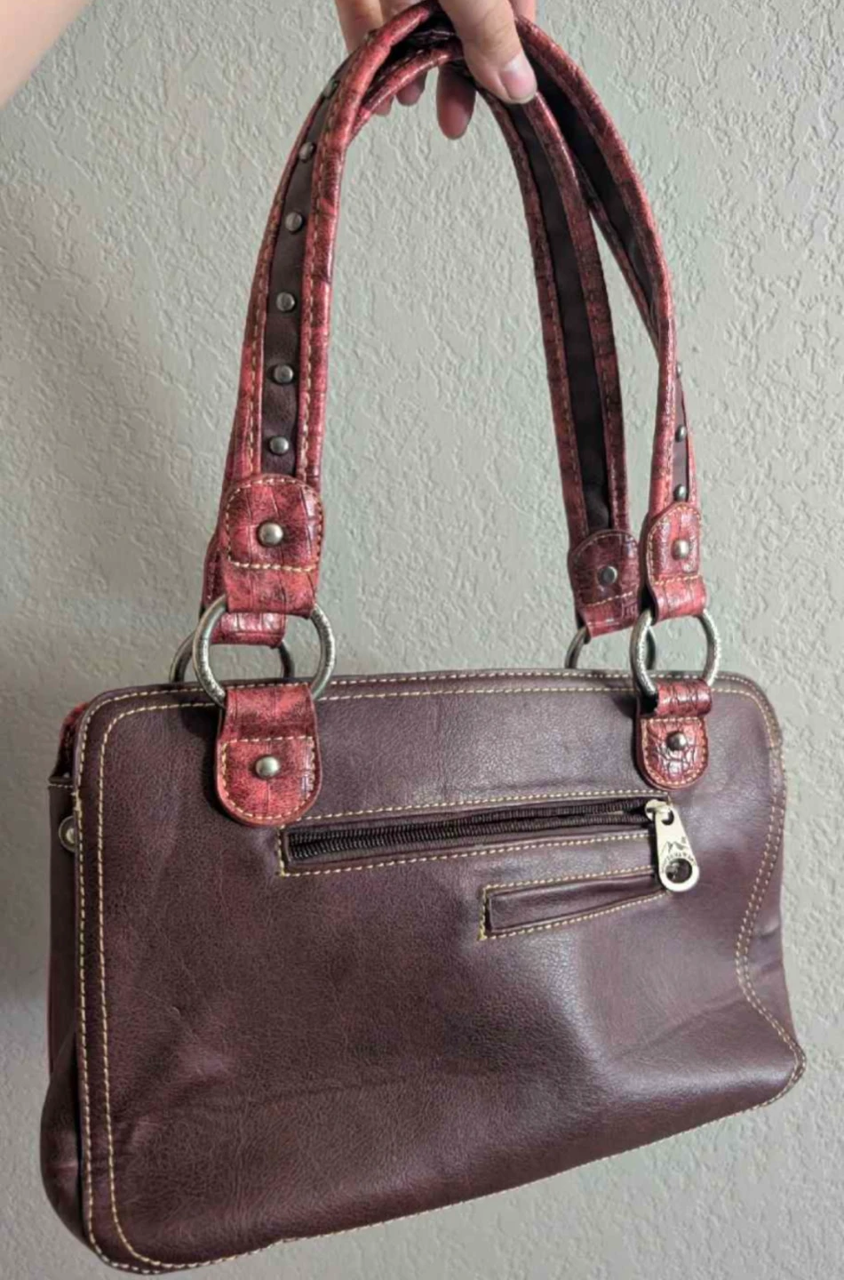 Montana West Red & Brown Faux Leather Studded Satchel Handbag - photo 2