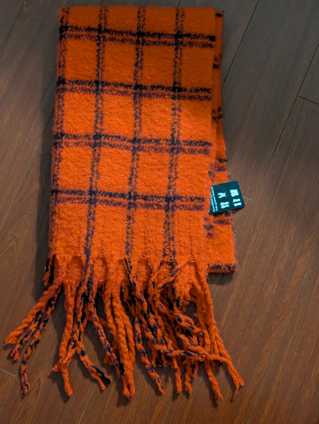 New fuzzy Orange Plaid Scarf with Fringe large