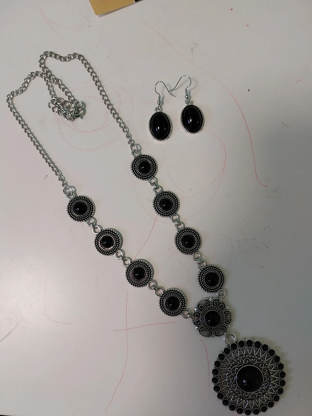 Silver-Tone Black Stone Necklace and Earring Set - photo 3