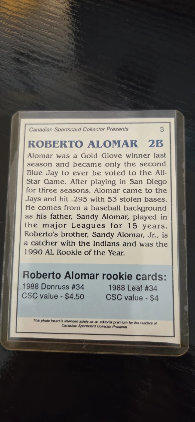Roberto Alomar 1990 Canadian Sportscard Collector Card - photo 2