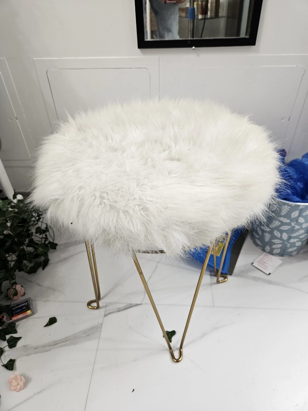 White Faux Fur Stool with Gold Legs