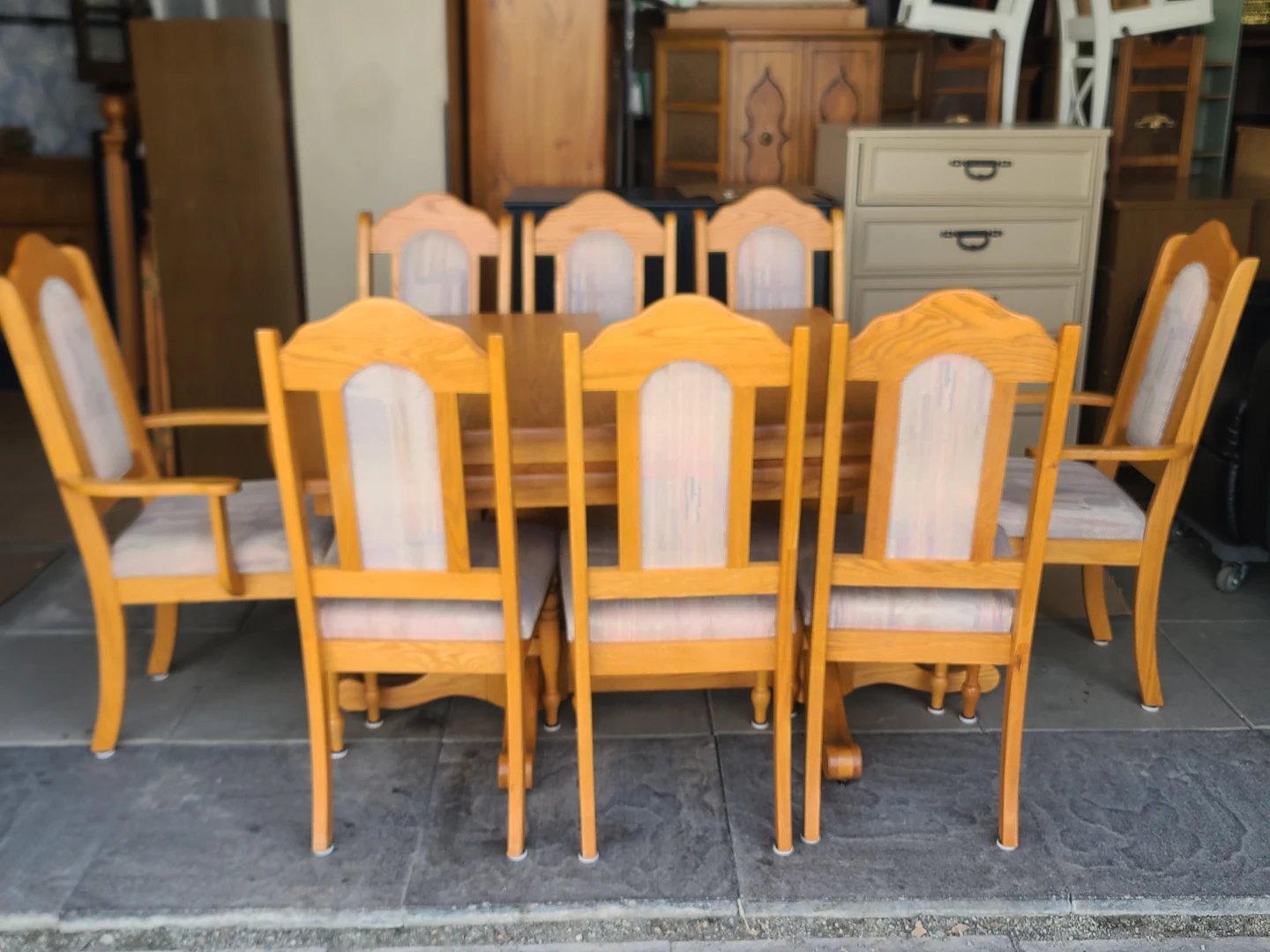 Wooden Pedestal Dining Table with 8 Chairs