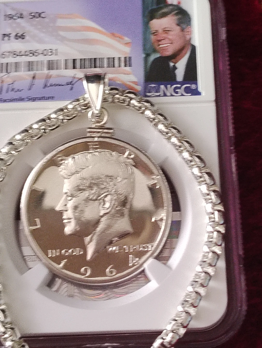 1964 Kennedy Half Dollar PF 66 Coin Pendant with Chain