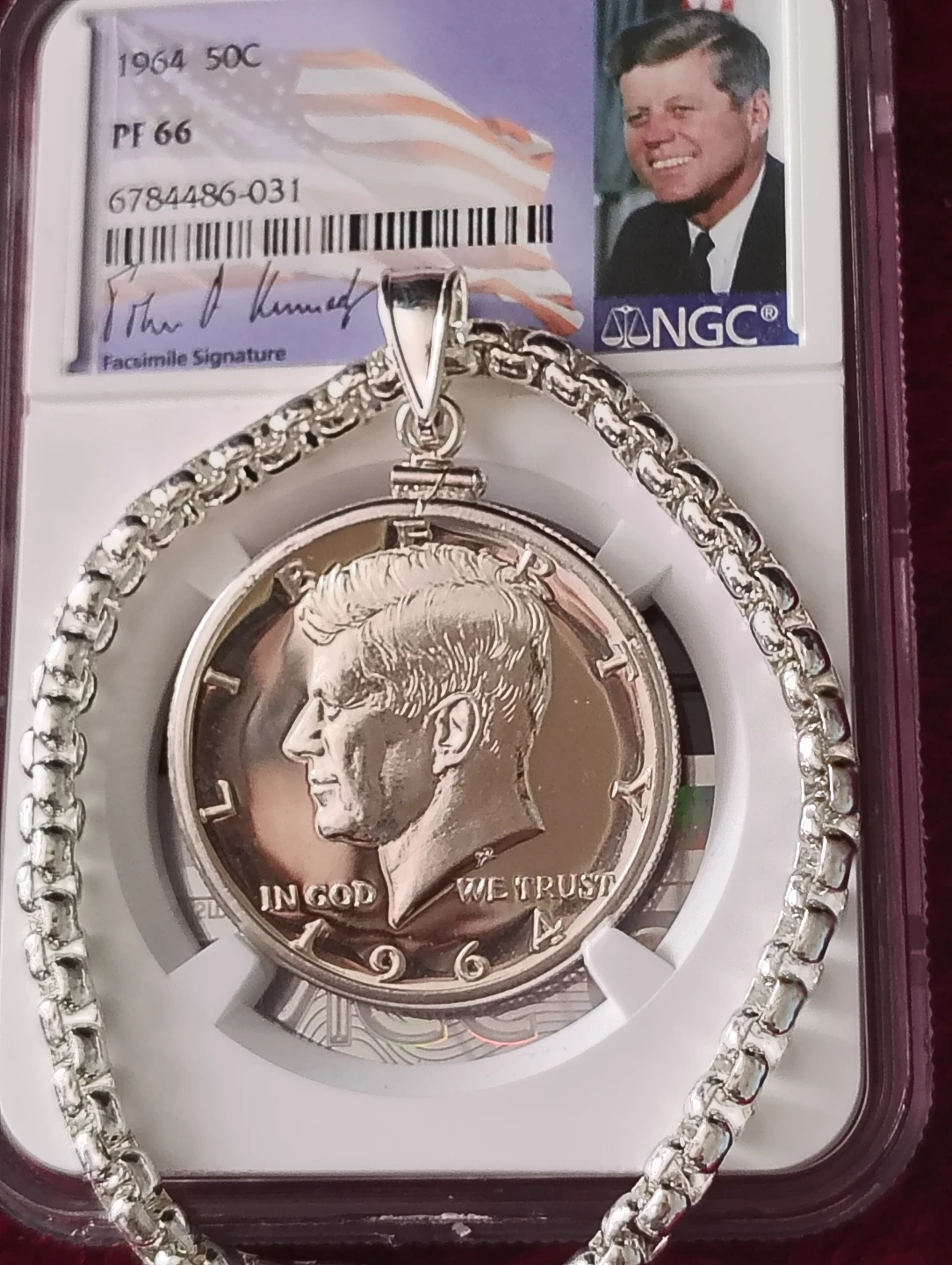 1964 Kennedy Half Dollar PF 66 Coin Pendant with Chain - photo 2