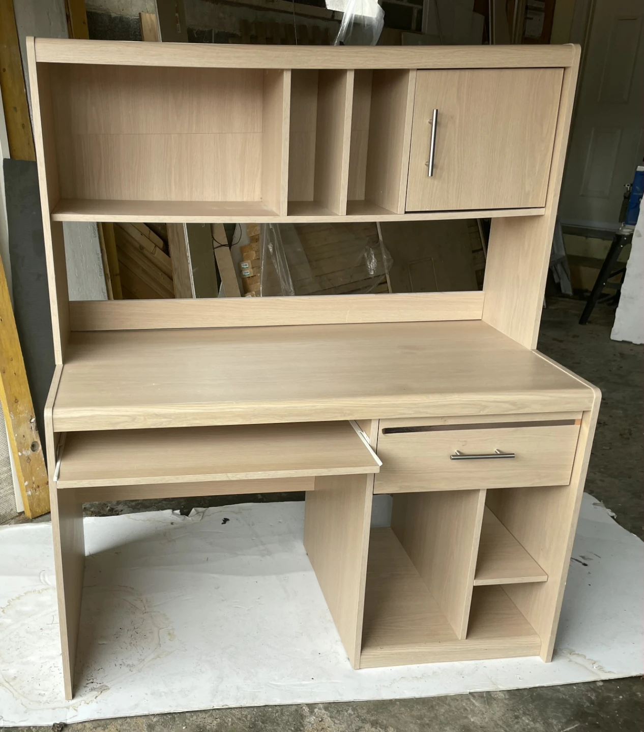 Free Light Wood Desk with Hutch and Shelving