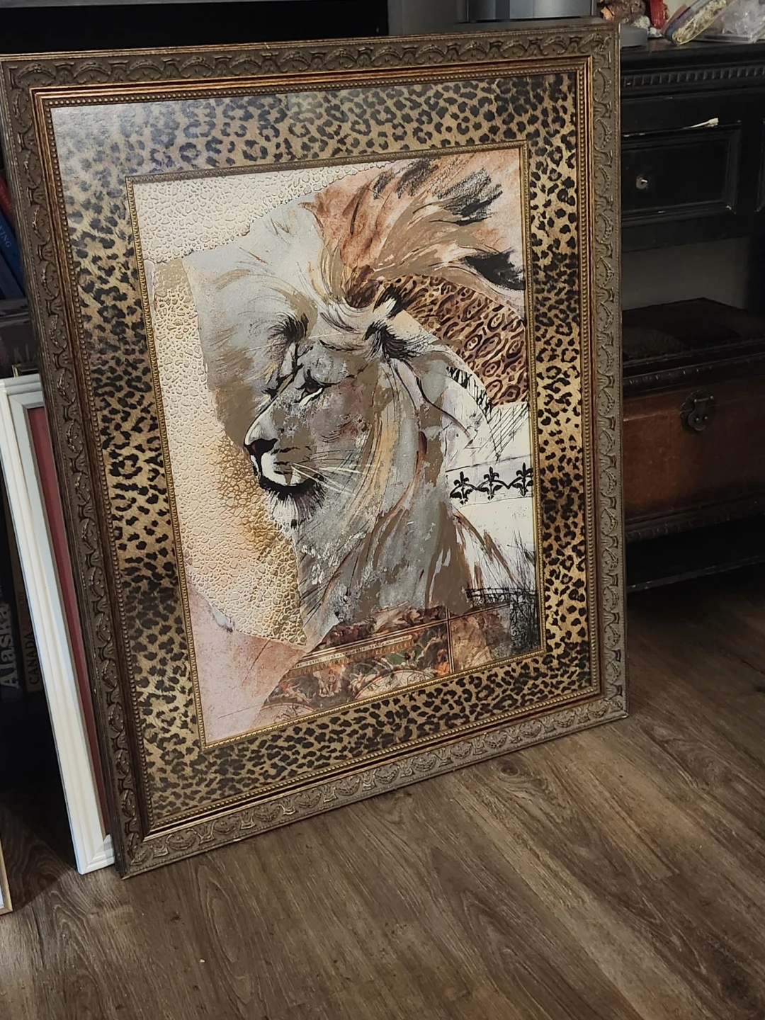 Framed Lion Art Print with Leopard Border