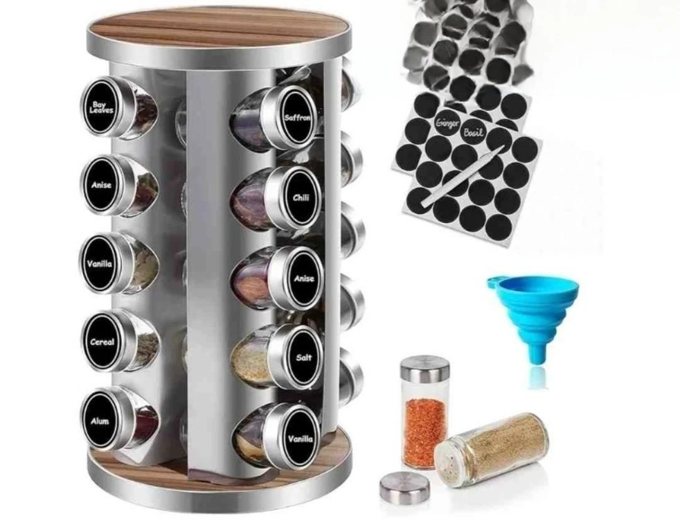 20-Jar Revolving Spice Rack with Labels and Funnel