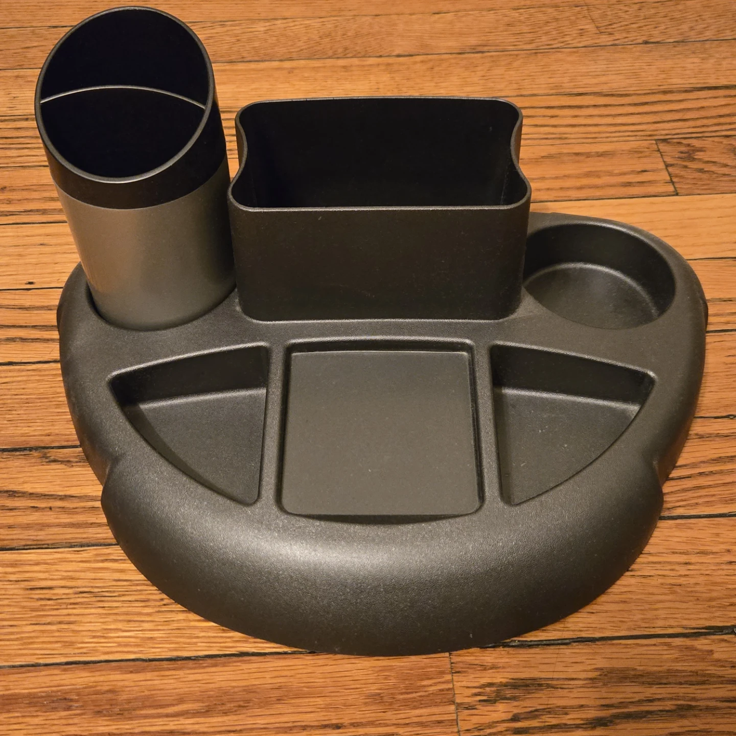 Grey/Black multi-compartment desk organizer with cup holder