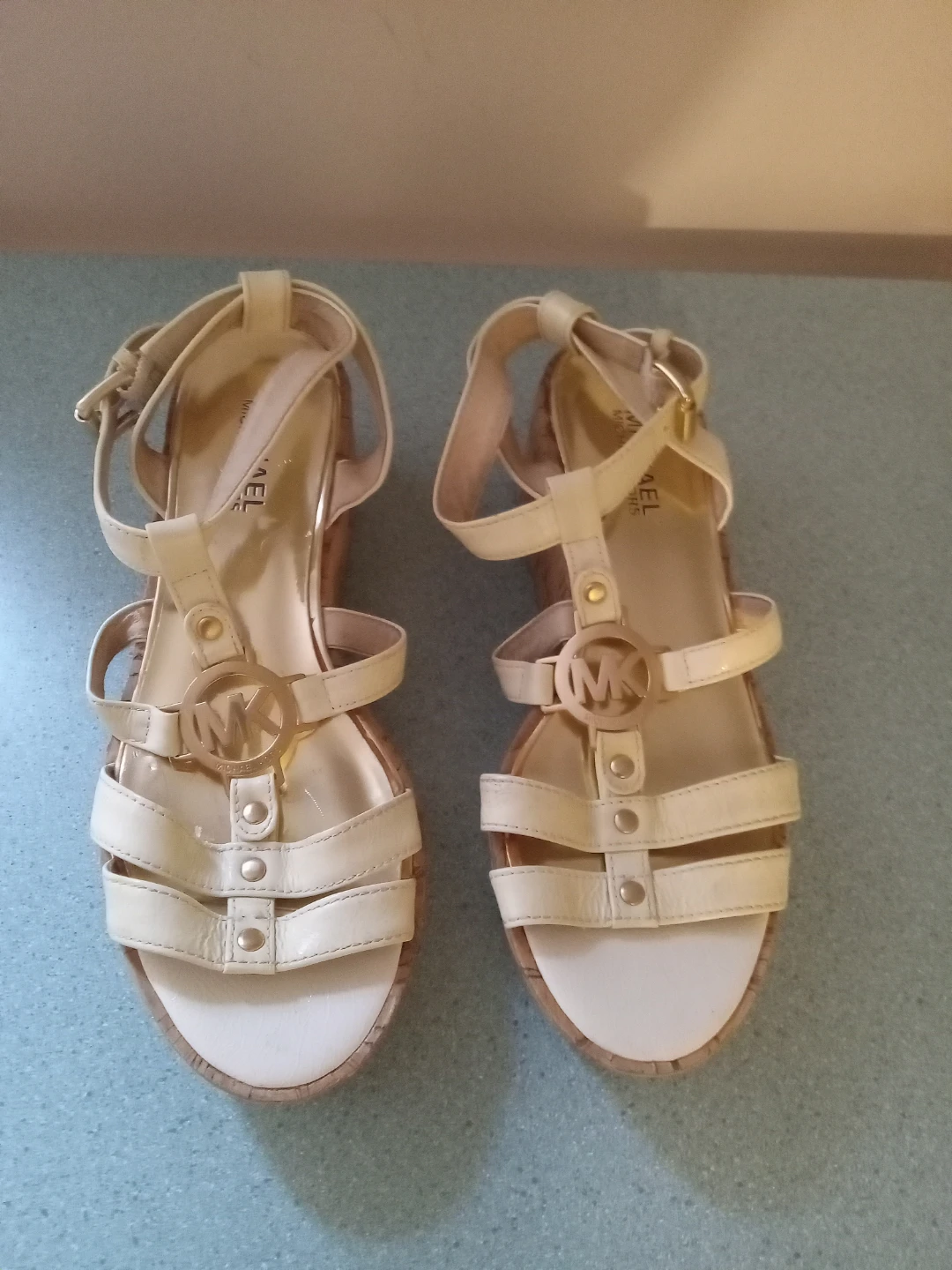 Michael Kors Beige Leather Platform Wedge Sandals