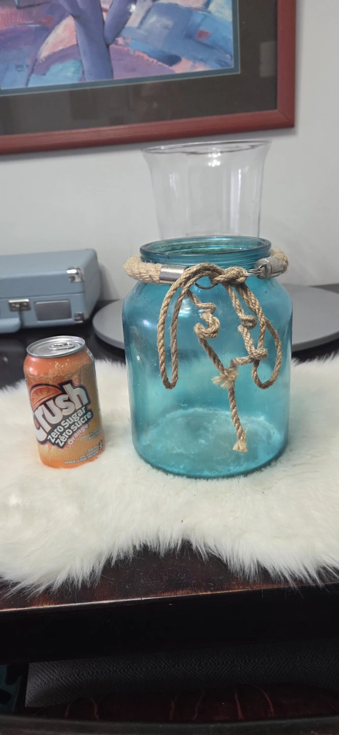 Teal Glass Jar Lantern with Rope Detail - photo 2