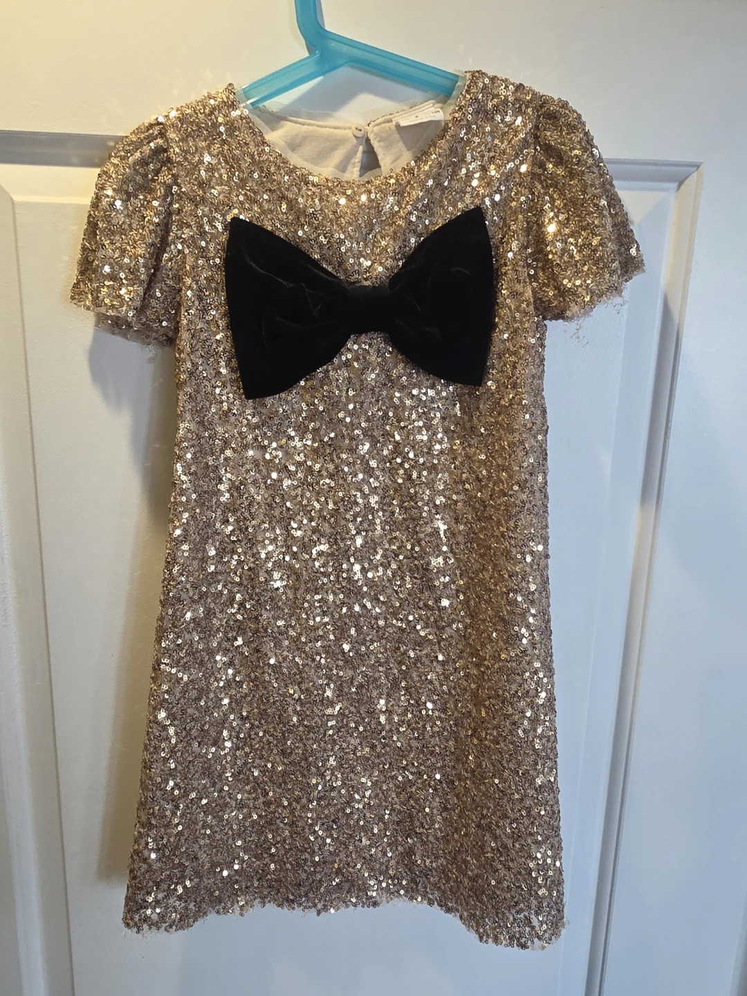 Girls' Gold Sequin Dress with Black Bow