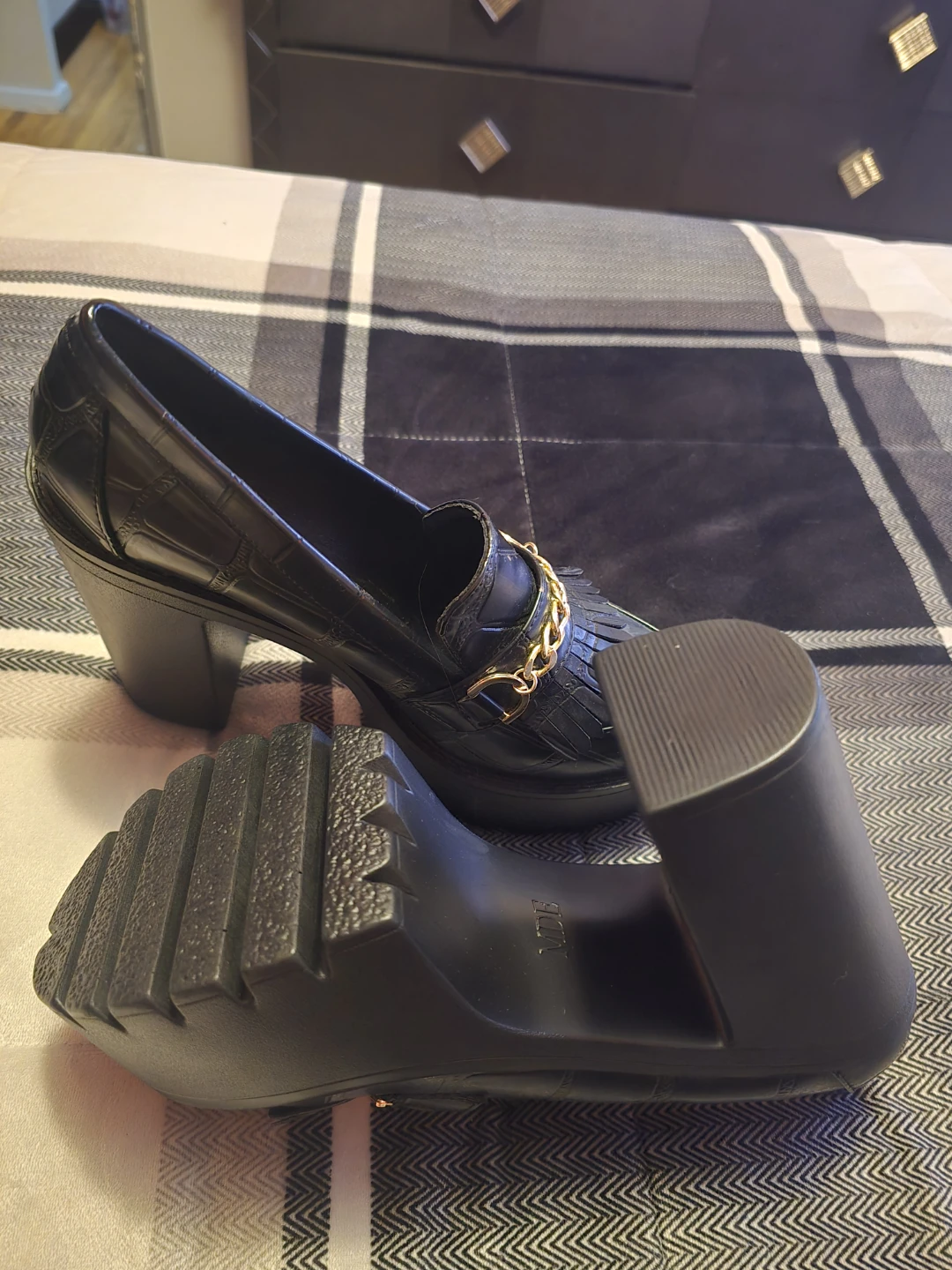 Black Chunky Heel Loafer Shoes with Gold Chain Detail