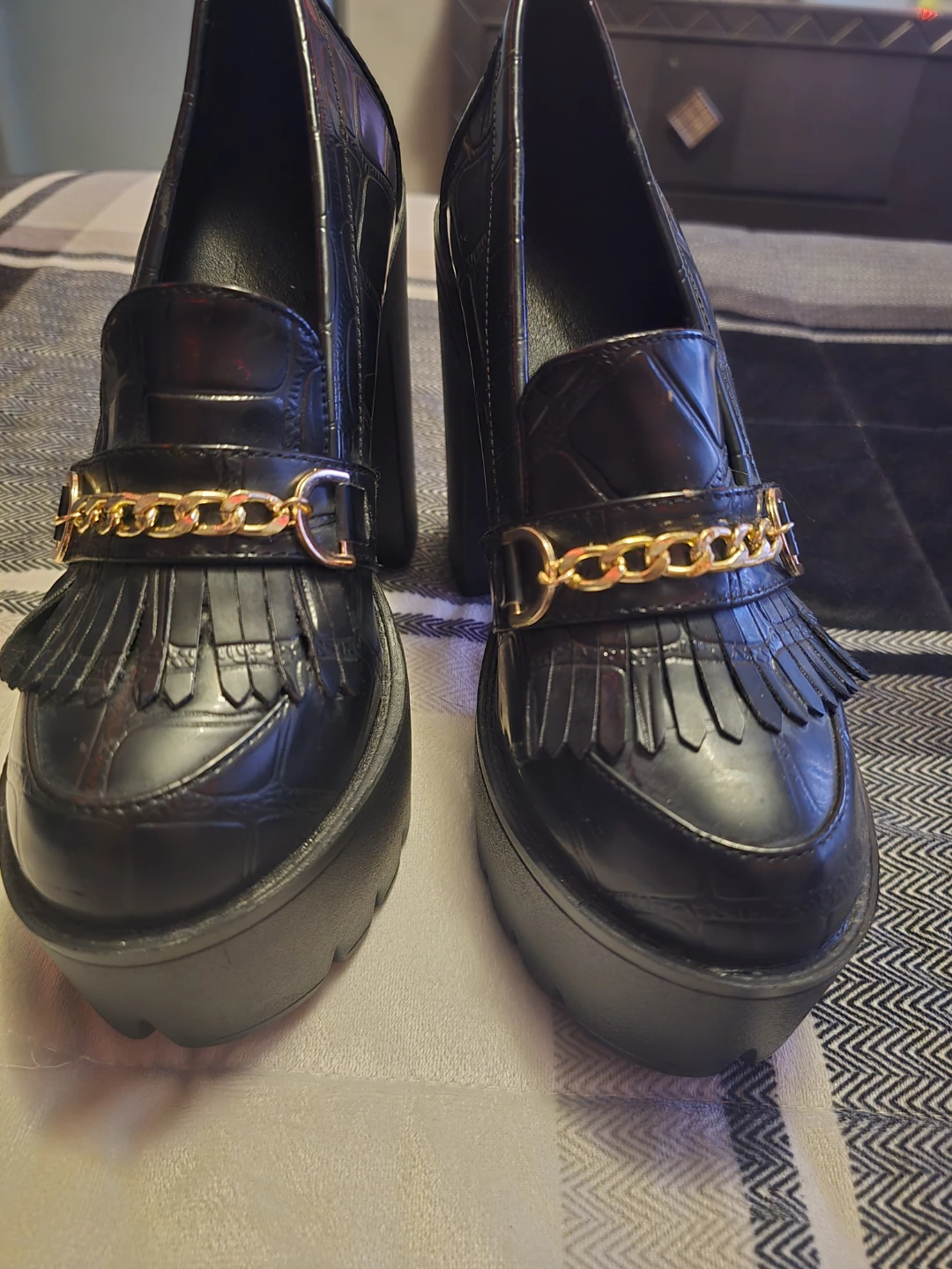 Black Chunky Heel Loafer Shoes with Gold Chain Detail - photo 2