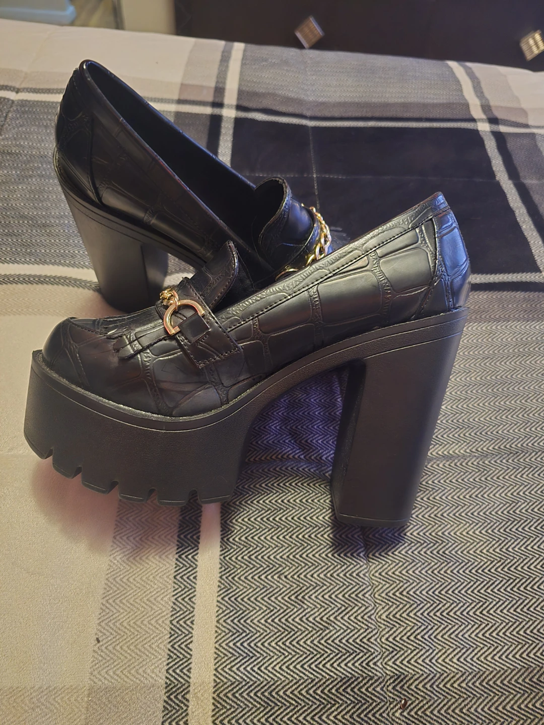 Black Chunky Heel Loafer Shoes with Gold Chain Detail - photo 4