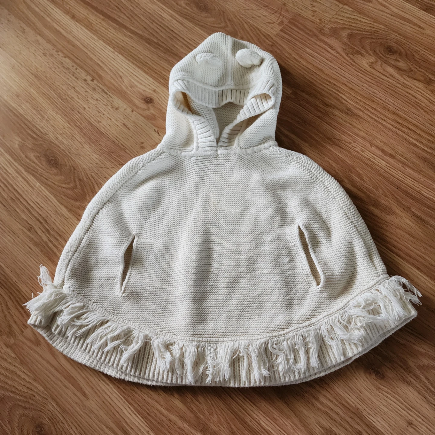 2T Toddler Cream Knit Hooded Poncho with Fringe