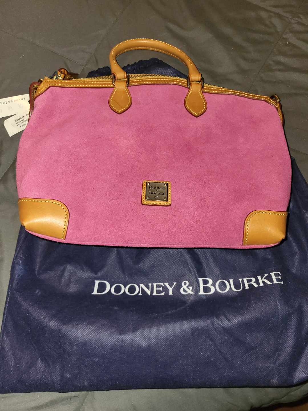 Dooney & Bourke Pink Suede Satchel Handbag with Tan Leather Trim