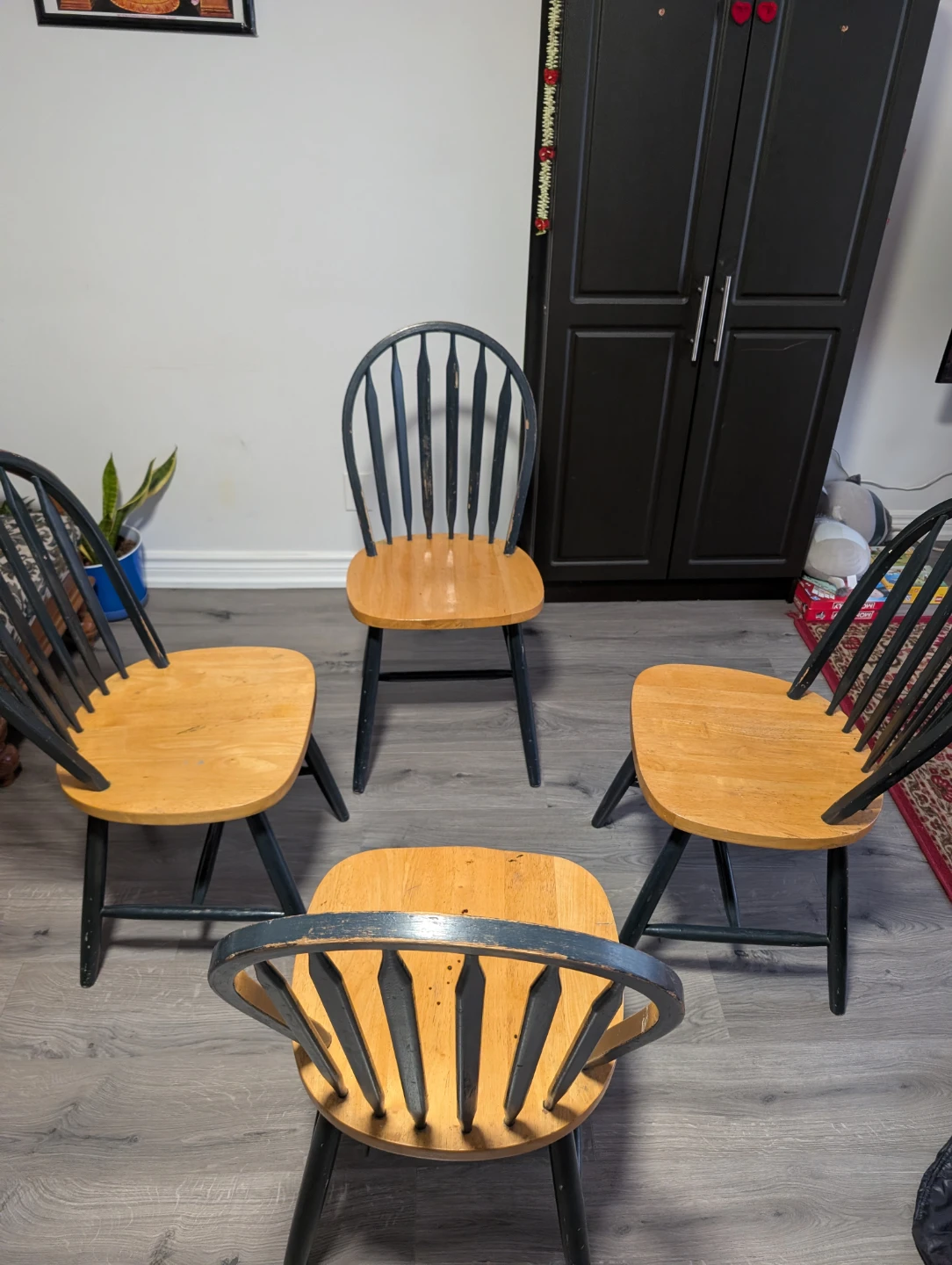 Wooden Dining Chairs with Dark Blue Backs - Set of 4