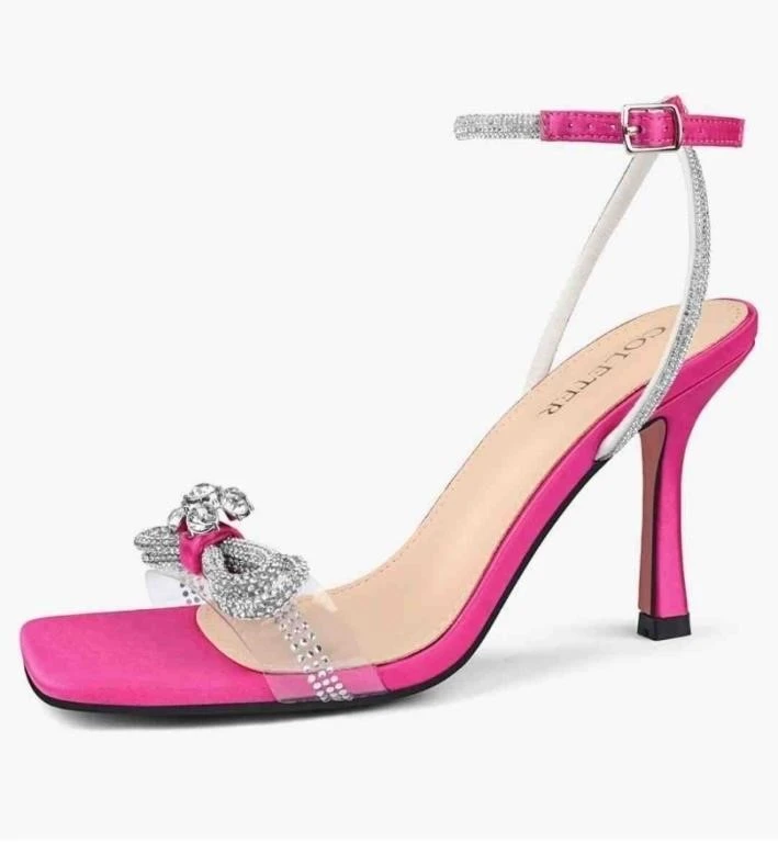 Pink Rhinestone Bow Heels Clear Strap Stiletto Sandals
