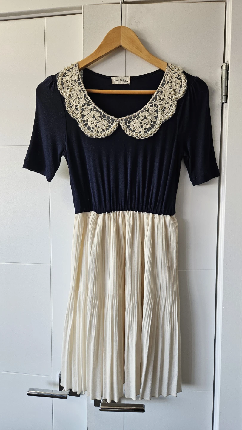 Monteau Navy and Cream Pleated Dress with Pearl Collar