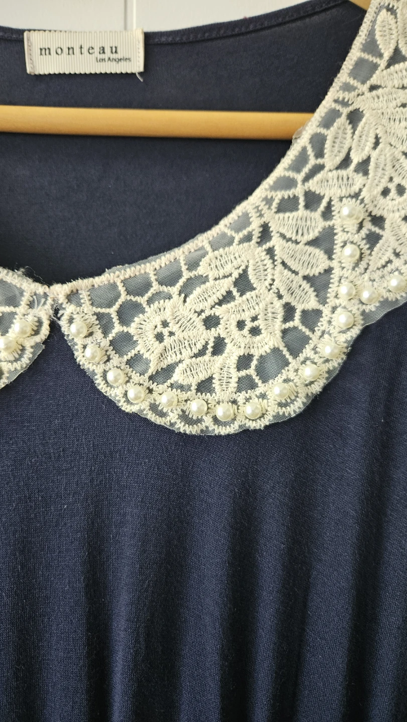 Monteau Navy and Cream Pleated Dress with Pearl Collar - photo 2