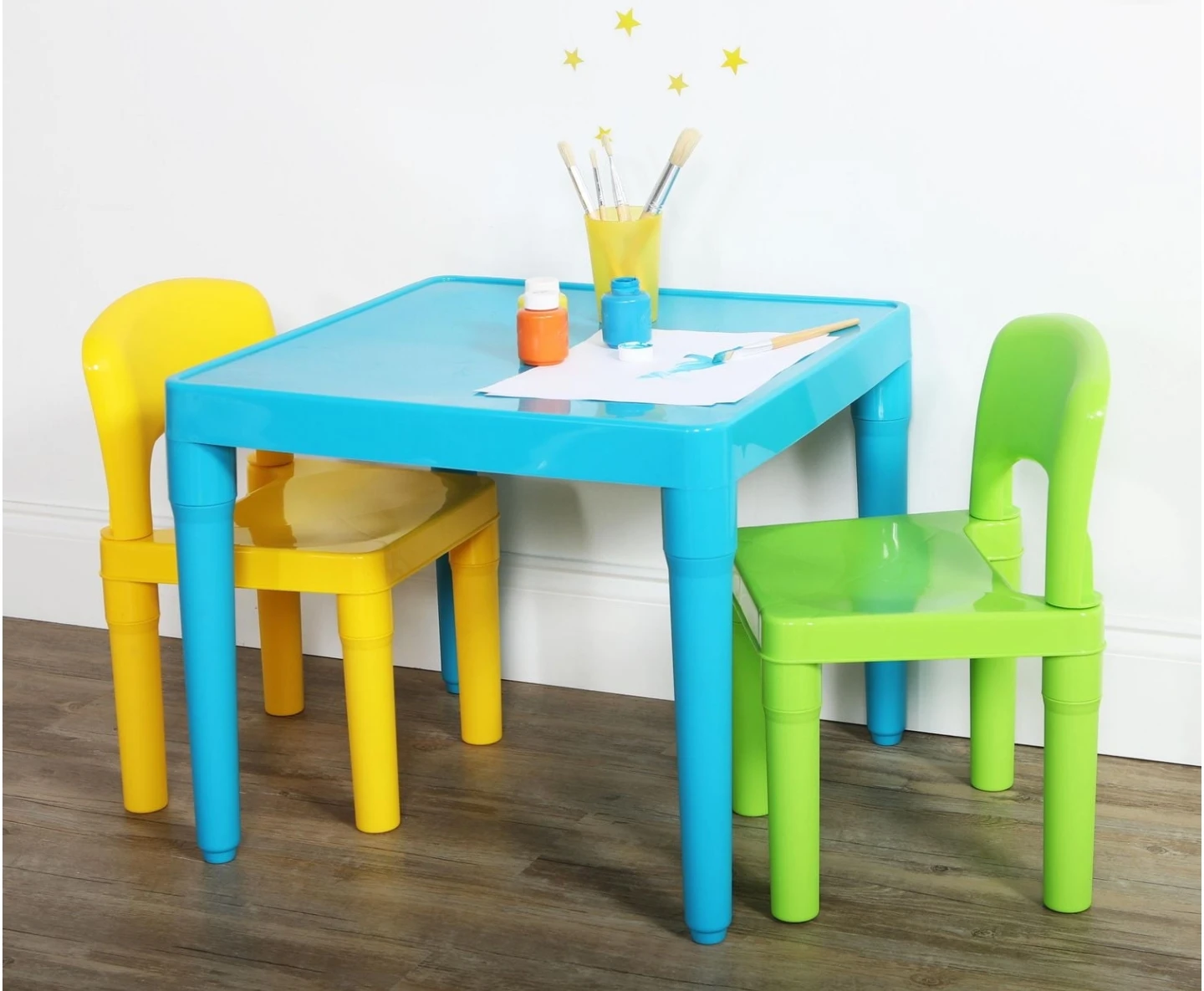 Kids Plastic Table and Chairs Set - Blue, Green, Yellow