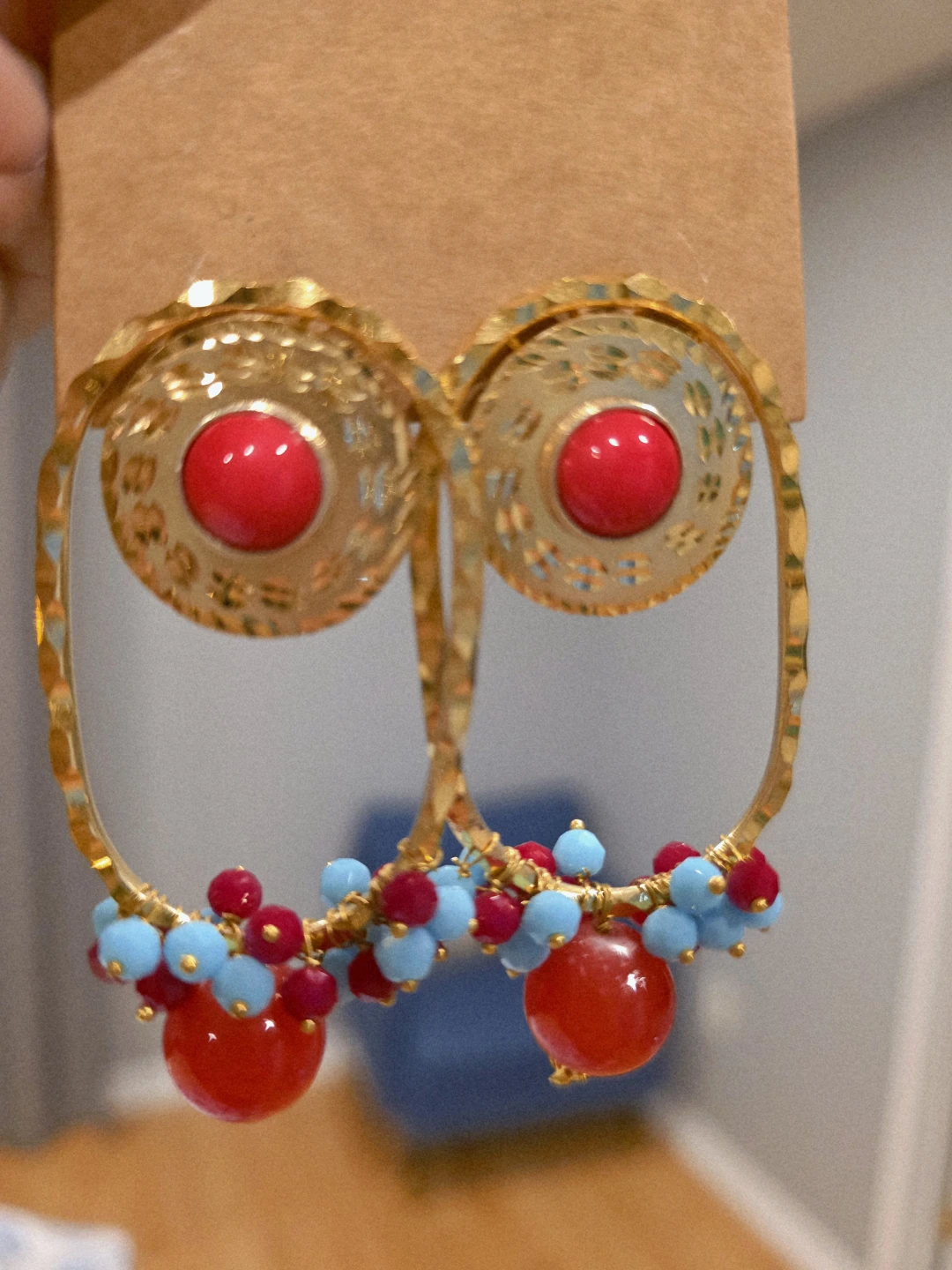 Gold Hoop Earrings with Red and Blue Beads - photo 3