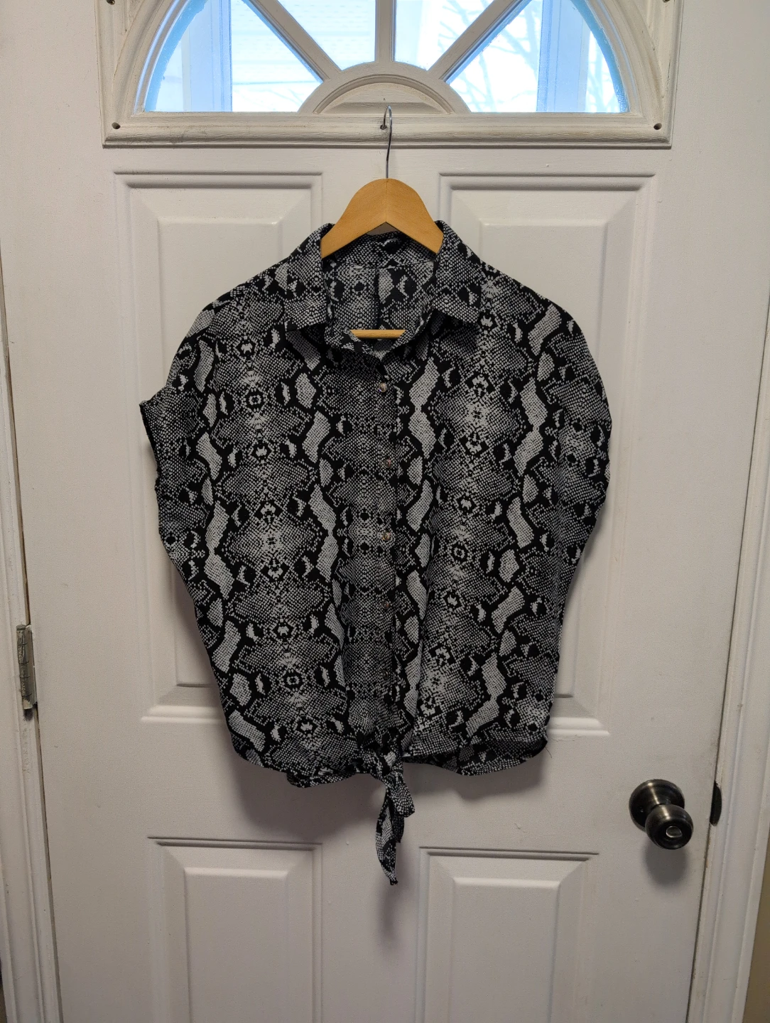 Women's Snake Print Button-Up Blouse with Tie Front