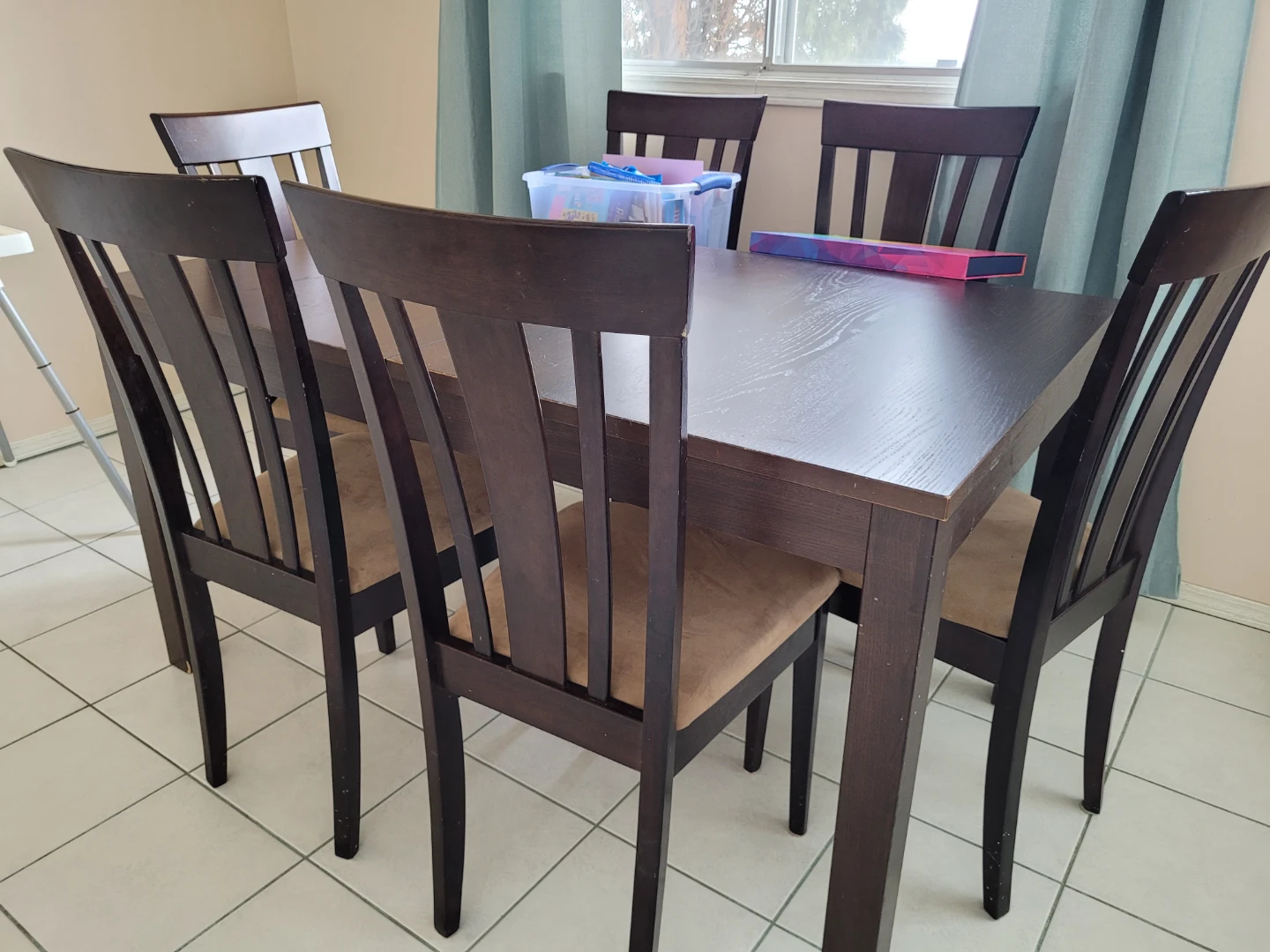 Dark Wood Dining Table Set with 6 Chairs