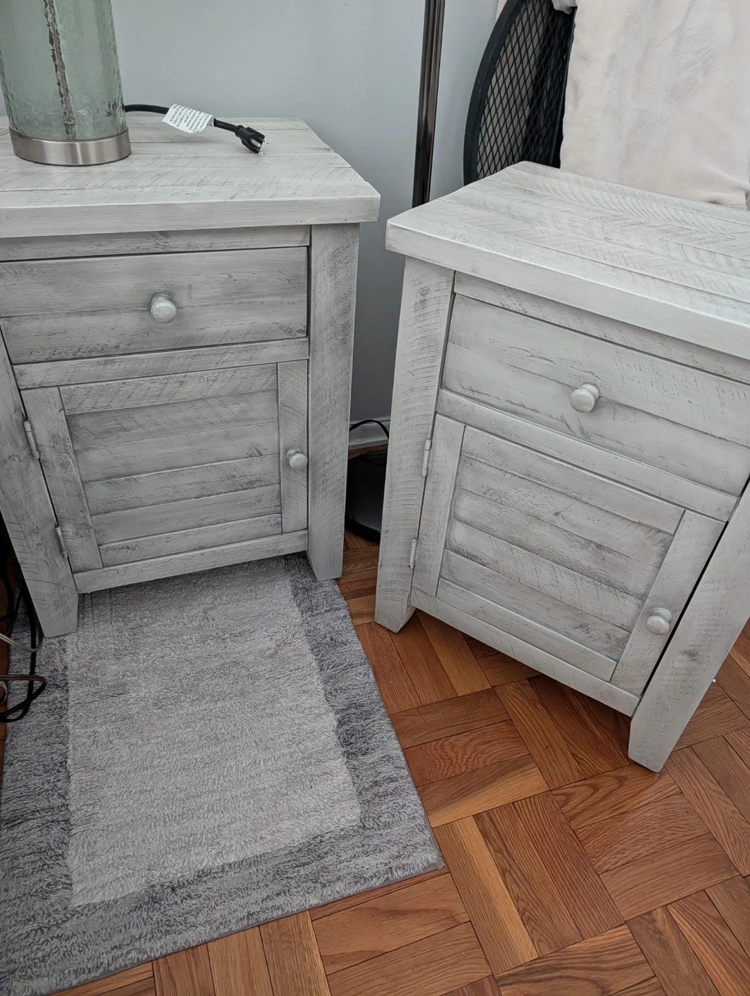 2 Grey/White Distressed Wood Nightstands with Drawer and Cabinet