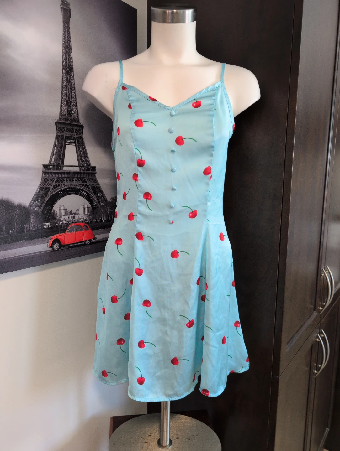 SHEIN Light Blue Cherry Print Slip Dress - XS - photo 2