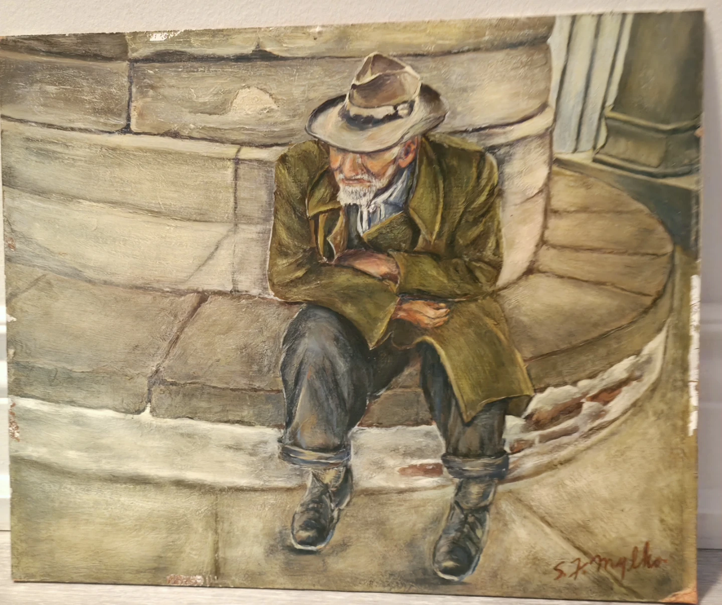 Vintage 1971 Oil  Painting On Canvas "Post-Battlefield Scars" - photo 5