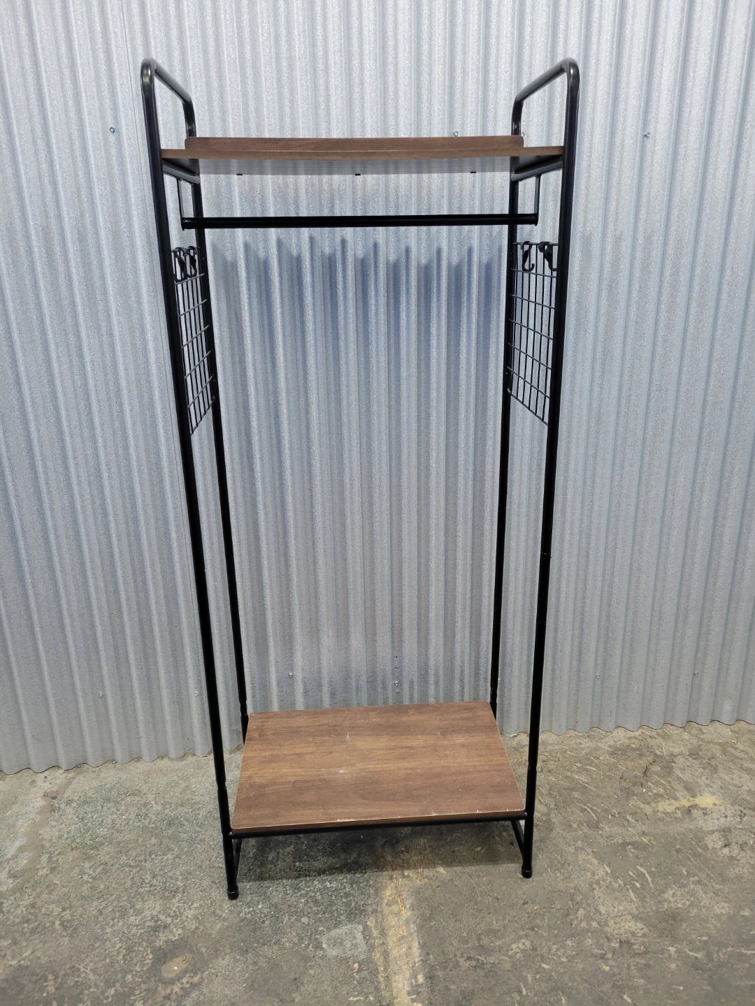 Black Metal Garment Rack with Wood Shelves