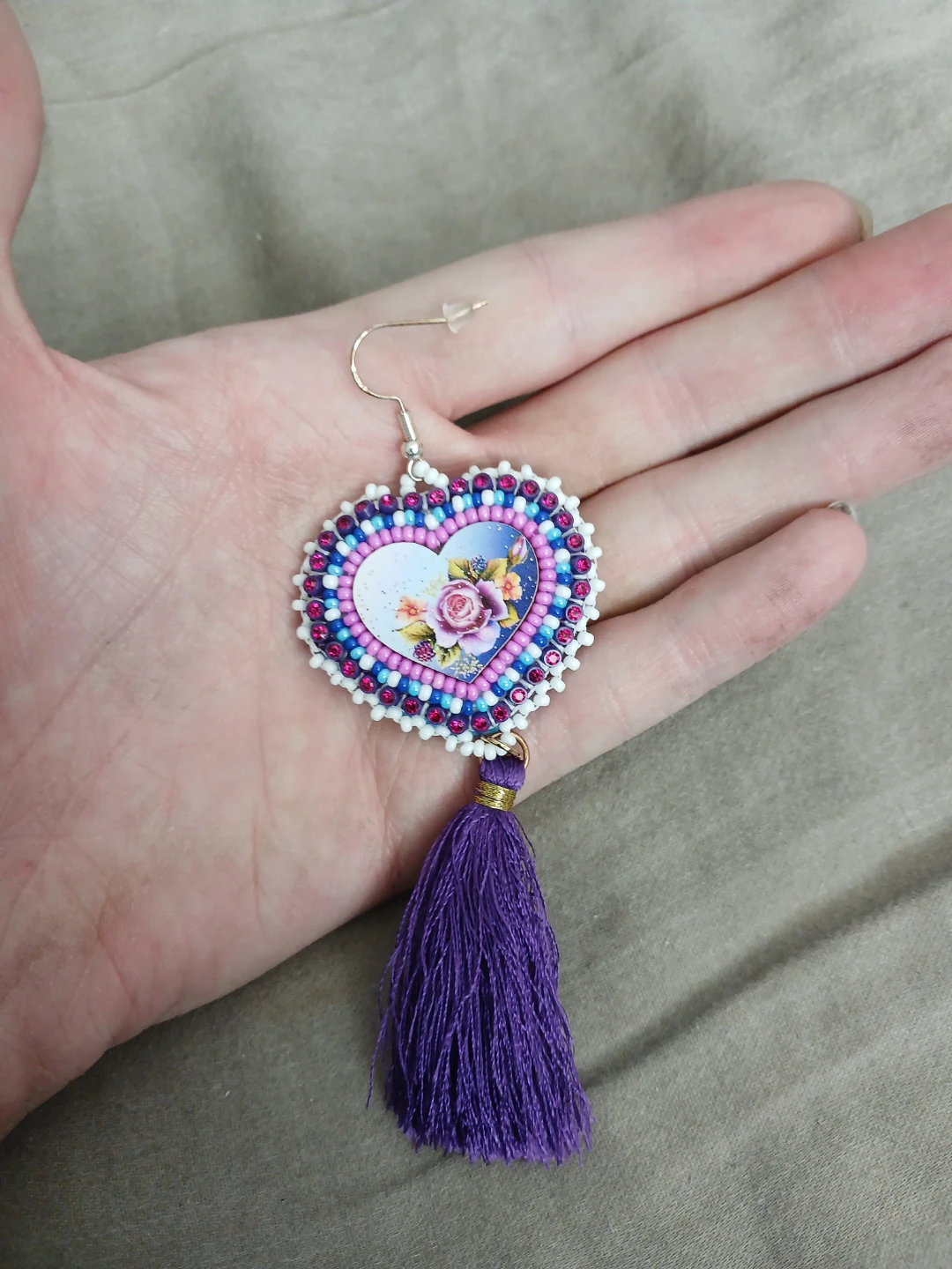 Handmade Heart Beaded Earrings With Purple Tassels - photo 2